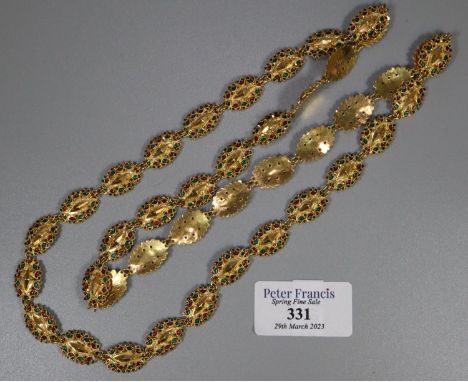 Indian gold dowry chain with decorative faceted oval links decorated with red and green enamel. Stamped 22/18 Length 32 inche