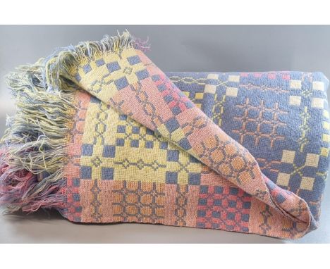 Vintage woollen Welsh tapestry blanket or carthen in blue, yellow, pink colours, with fringed edge. 216 x 204cm approx (inclu