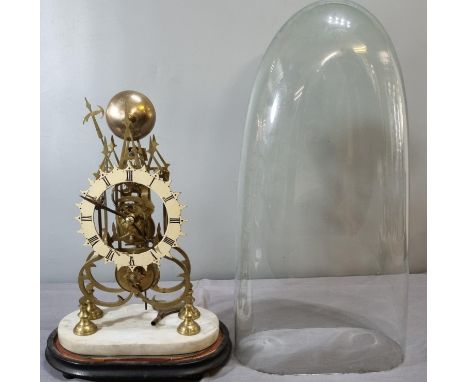 19th century Gothic design brass steeple skeleton clock with painted Roman dial, single fusee movement, striking on one bell,