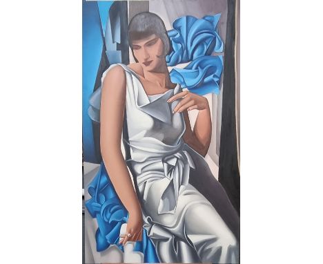 After Tamara de Lempicka, three quarter length portrait of a stylish woman, oils on canvas. 135 x 83cm approx. Unframed. (B.P