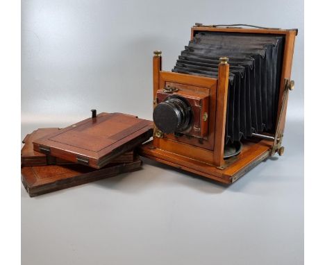 Thornton Pickard mahogany plate camera with Hugo Meyer &amp; Co. lens, 6.5x4.5 inches plate, together with three additional d