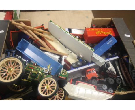 A TRAY OF DIECAST VEHICLES FOR SPARES, to include steam engine, lorry, trailers etc
