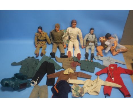 A BOX CONTAINING PLASTIC  FIGURES ETC, to include 9" and 12" together with a vintage Action Man figure and various clothing