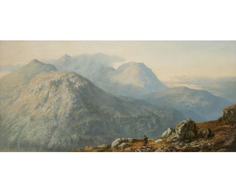Circle of Sidney Richard Percy, A traveller in a mountainous landscape, oil on canvas, indistinctly signed R. H. 185* lower r
