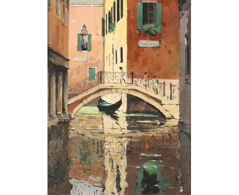 Jeremy Barlow (British b.1947), Bridge With Gondola, Venice, oil on board, signed lower right, 39 x 29cm. FramedCondition Rep