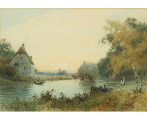 Charles Wilkinson (d.1925), A haycart crossing a river ford at dusk, watercolour, signed and dated '21 lower left, 24 x 34cm.