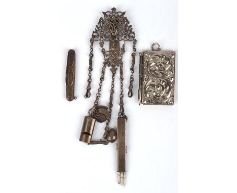 Silver chatelain London 1896 with triple slide out pencil, two whistles, white metal note pad and penknife
