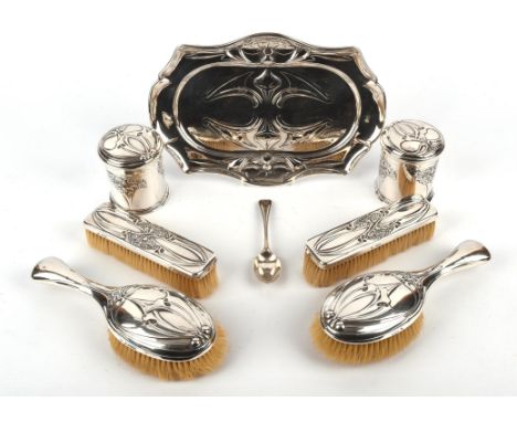 Art Nouveau  tray by William Hutton & Sons Ltd, London 1902 31cm x 21cm,  13oz 428gm, together with an Art Nouveau dressing t