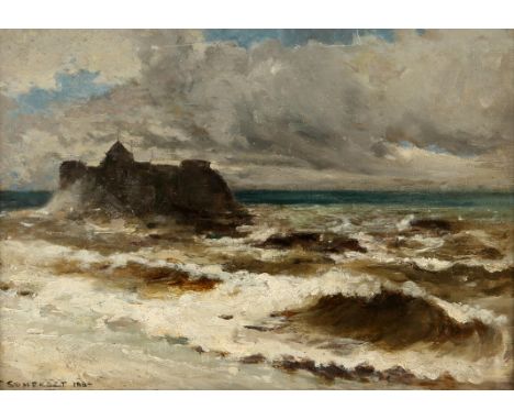 F. Somerset (19th century), A stormy coastal scene with island castle, oil on canvas, signed lower left, 24 x 33cm. FramedCon