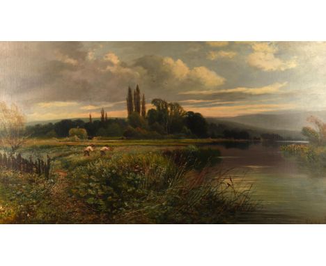 W. H. Davis (19th century). River landscape with haymakers, oil on canvas, signed lower right, 62 x 107cm. FramedCondition Re