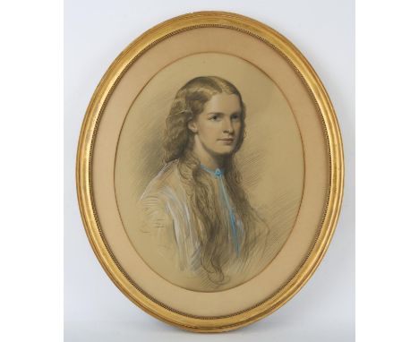English School (19th century), Portrait of a young girl, pencil and coloured chalks, oval, 48 x 38cm. Framed and glazedCondit