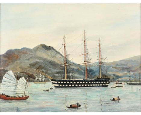 R. P. Devaney (20th century). HMS Rodney moored in Hong Kong Harbour, oil on board, signed lower right with artists label ver