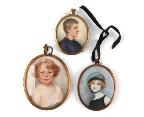 A group of assorted early 20th century portrait miniatures, including A. M. Wrigley, portrait of a child; M. M. Brown Portrai