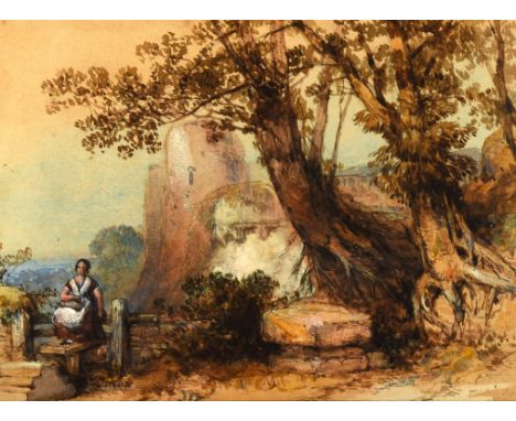 Thomas Colman Dibdin (British 1810-1893), A girl on a stile near a cascade, watercolour over pencil heightened with white, si