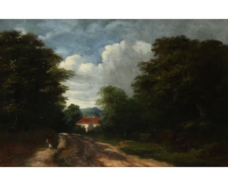 Continental School (19th century),.Travellers on a road in a wooded landscape, oil on canvas, 41 x 61.5cm. Framed Condition R