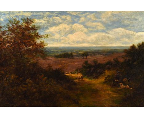 Harry Clayton Adams (British 1876-c.1957). A shepherd and his dog resting in a landscape, sheep beyond, oil on canvas, signed