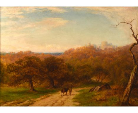 Circle of George Turner (1841-1910), A landscape with pony and man on a track near Windsor Castle, oil on board, 33 x 45cm.Fr