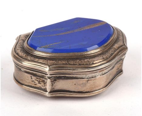 Mid-18th century silver pocket snuff-box the hinged cover with inset lapis lazuli plaque, the gilt interior with rubbed marks