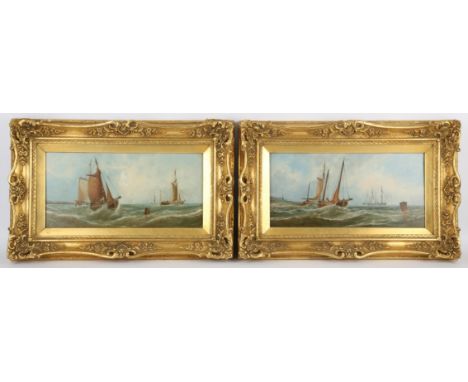 Attributed to George Dodgson Callow (British 1829-1875), Vessels off the Coast, a pair, oil on canvas, each 20 x 40.5cm. (2) 