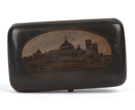 Russian silver and niello cigarette case Moscow 1884 assayer Viktor Savinkov, the cover with architectural view, 99gm
