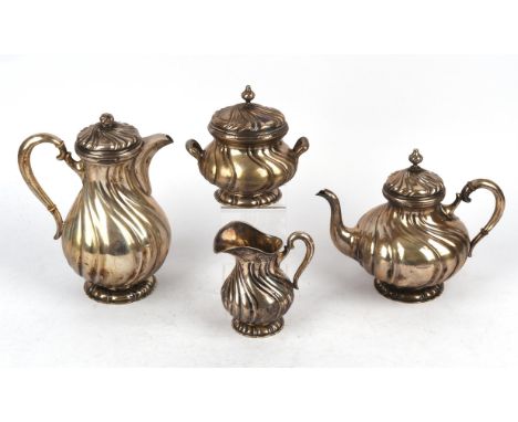 German 800 standard silver spiral fluted four piece tea and coffee service by Bernstein gross weight 1866gm. Ivory exemption 