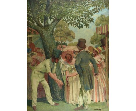 Attributed to William Strang (Scottish 1859-1921),  A Victorian figure group with cricket bat at a country fair, oil on canva