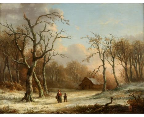 English School (19th century), Figured in a wooded winter landscape, oil on panel, 27 x 34cm. FramedCondition Report:  Appear