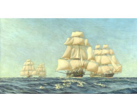 § Harold Wyllie (British 1880-1973), H.M.S. Raleigh leading the last Squadron of the Royal Navy ever put to sea under canvas,