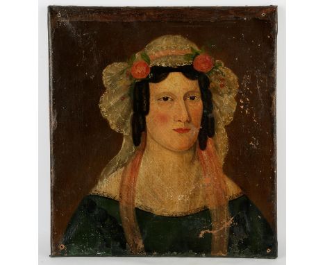 English Provincial School (mid 19th century), Portrait of a lady, oil on canvas, unframed, 45.5 x 41.5cm. Unframed. Condition