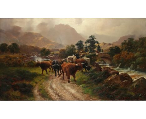 Henry R. Hall (British 1859-1929), Highland cattle crossing a bridge in a landscape, oil on canvas, signed and dated 1912 lef