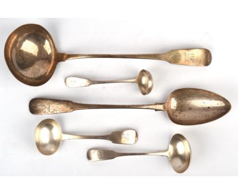 Irish silver ladle by Samuel Neville Dublin 1808, basting spoon by George Nangle, Dublin 1813 and three sauce ladles various 