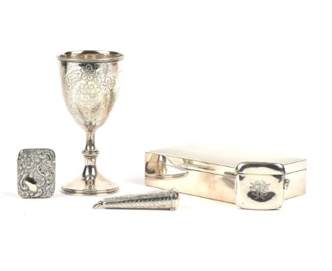 Silver cigarette box with engine turned lid, late Victorian embossed silver vesta case, Birmingham 1897, another plain vesta 