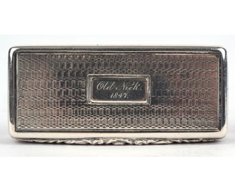 George IV pocket snuff box the engine turned hinged cover inscribed "Old Nick 1847" by Thomas & William Simpson, Birmingham 1
