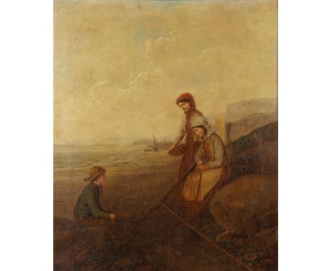 Follower of William Collins, Figures sorting nets on the shore, oil on canvas, bears a monogram lower left, oil on canvas, 77