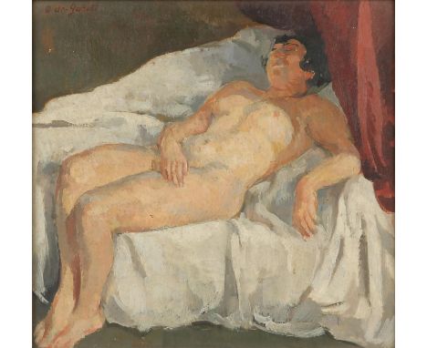 Odette des Garets (French 1891-?) Reclining nude, oil on panel, 27 x 27cm. FramedCondition Report:  Minor surface scuffs, nee
