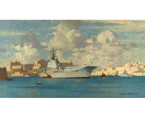 § Norman Wilkinson (British 1878-1971). H.M.S. Bulwark in Valetta Harbour, Malta, oil on canvas, signed lower right, 47 x 82c