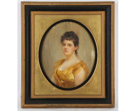 M** L** W**, Portrait of a lady, head and shoulders, oil on board, oval, signed with initials lower left, 27 x 22cm. Framed a