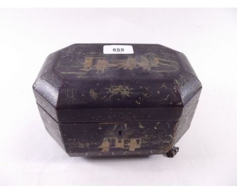 A black and gilt chinoiserie lacquer tea caddy fitted engraved pewter caddies within