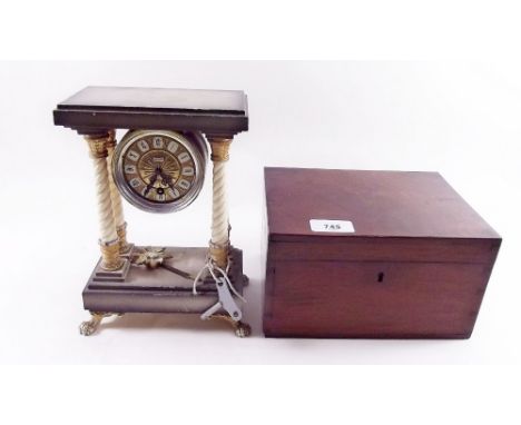 A Portico clock and a mahogany tea caddy
