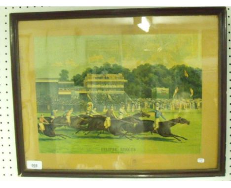A colour print of racing at Sandown Park - 28 x 39cm