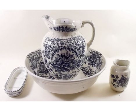 A Victorian blue and white toiletry set comprising: jug, basin, soap dish and mug