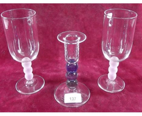 Two ball stem wine glasses and a blue ball stem candlestick by Bob Crooks