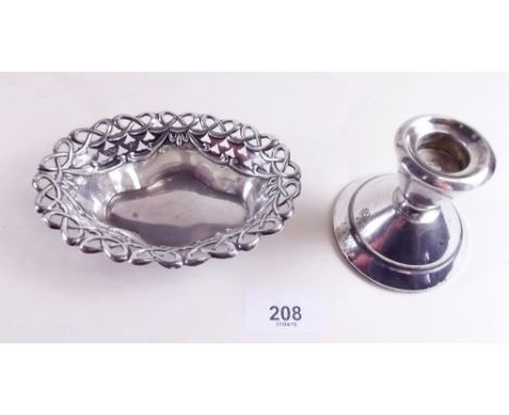 A silver bon bon dish Sheffield 1903 and a silver candlestick Birmingham 1937