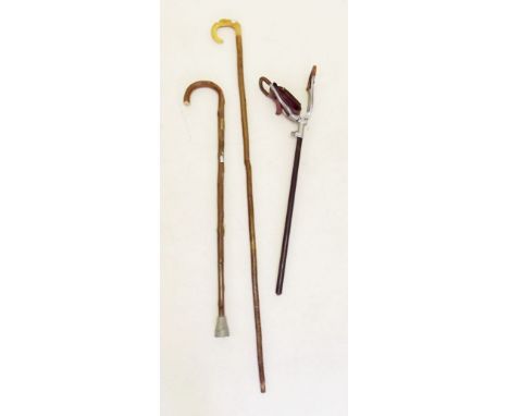 A walking staff with carved dog handle, a walking stick and a shooting stick