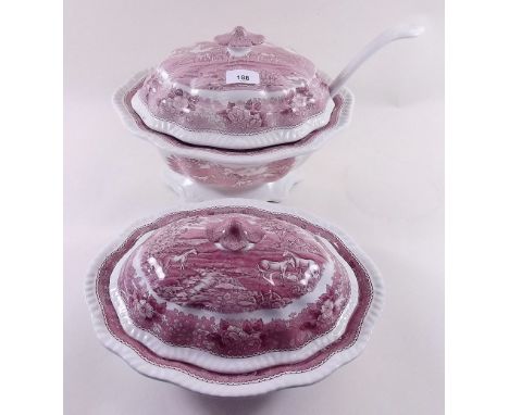 An Adams 'English Scenic Pink' dinner service comprising: One large meat plate, eight oval plates, eleven dinner plates, 19 b