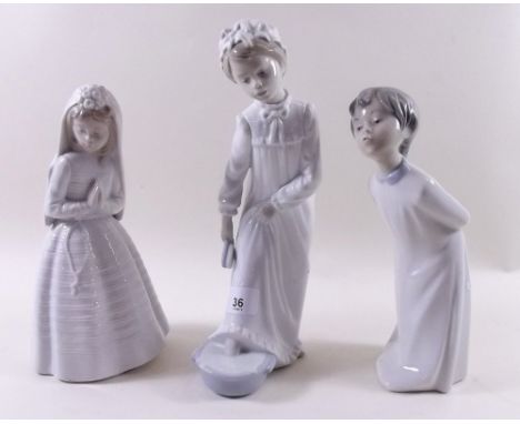 Three Lladro Nao figures - Bridesmaid, Boy and Girl washing her feet