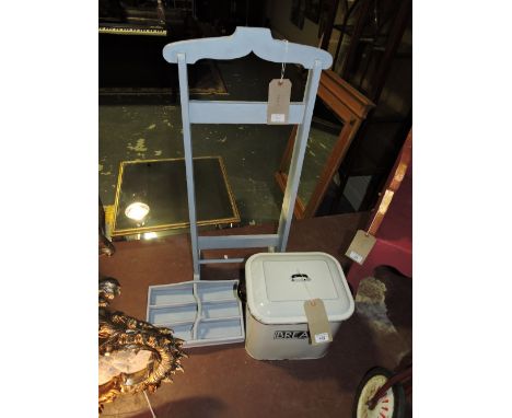 A vintage enamel bread bin,together with a horse shoe trivet, and a painted cutlery box and linen stand