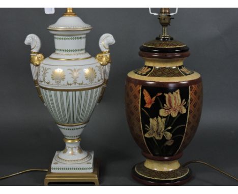 A large 20th century Italian porcelain table lamp of urn form, with twin lion head handles. H 52cm and together with another 