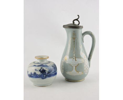 A Chinese blue and white squat baluster vase together with a T&R Boote ceramic claret jug.