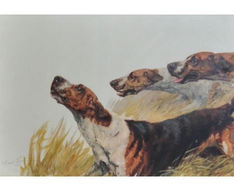 After Maud Earl, study of hunting hounds, a framed colour print, 36 x 52 cm